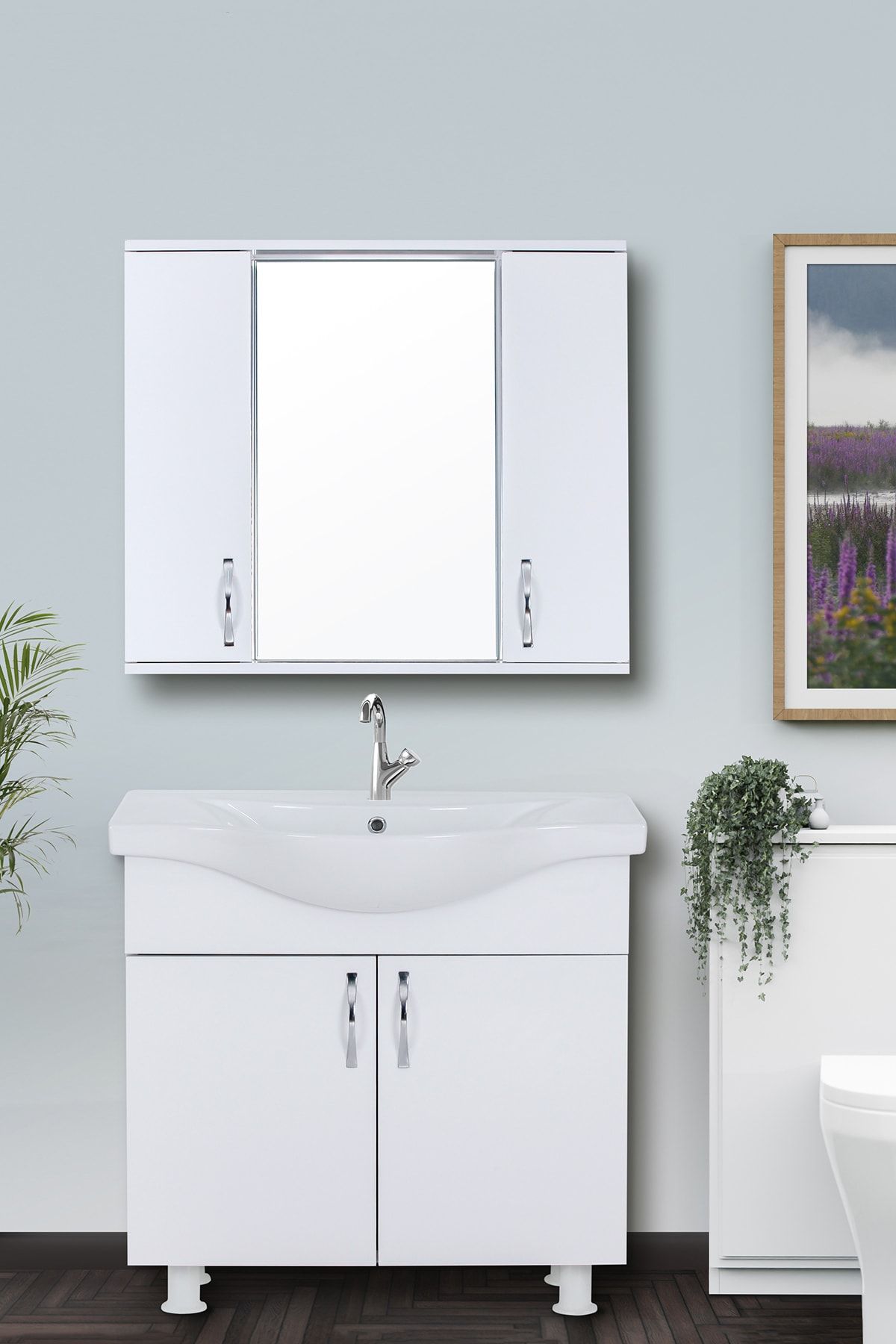 Mars Banyo Avşa 80 Cm 2 Raflı 2 Kapaklı Üst Modül Ve 2 Kapaklı Geniş Lavabolu +banyo Dolabı Takımı
